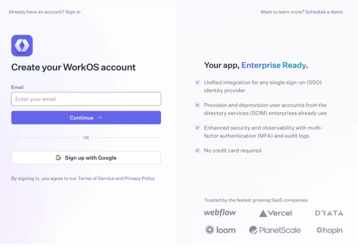 A screenshot of WorkOS signup page