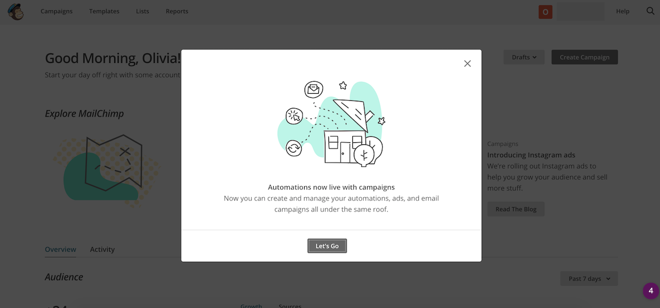 MailChimp feature announcement modal