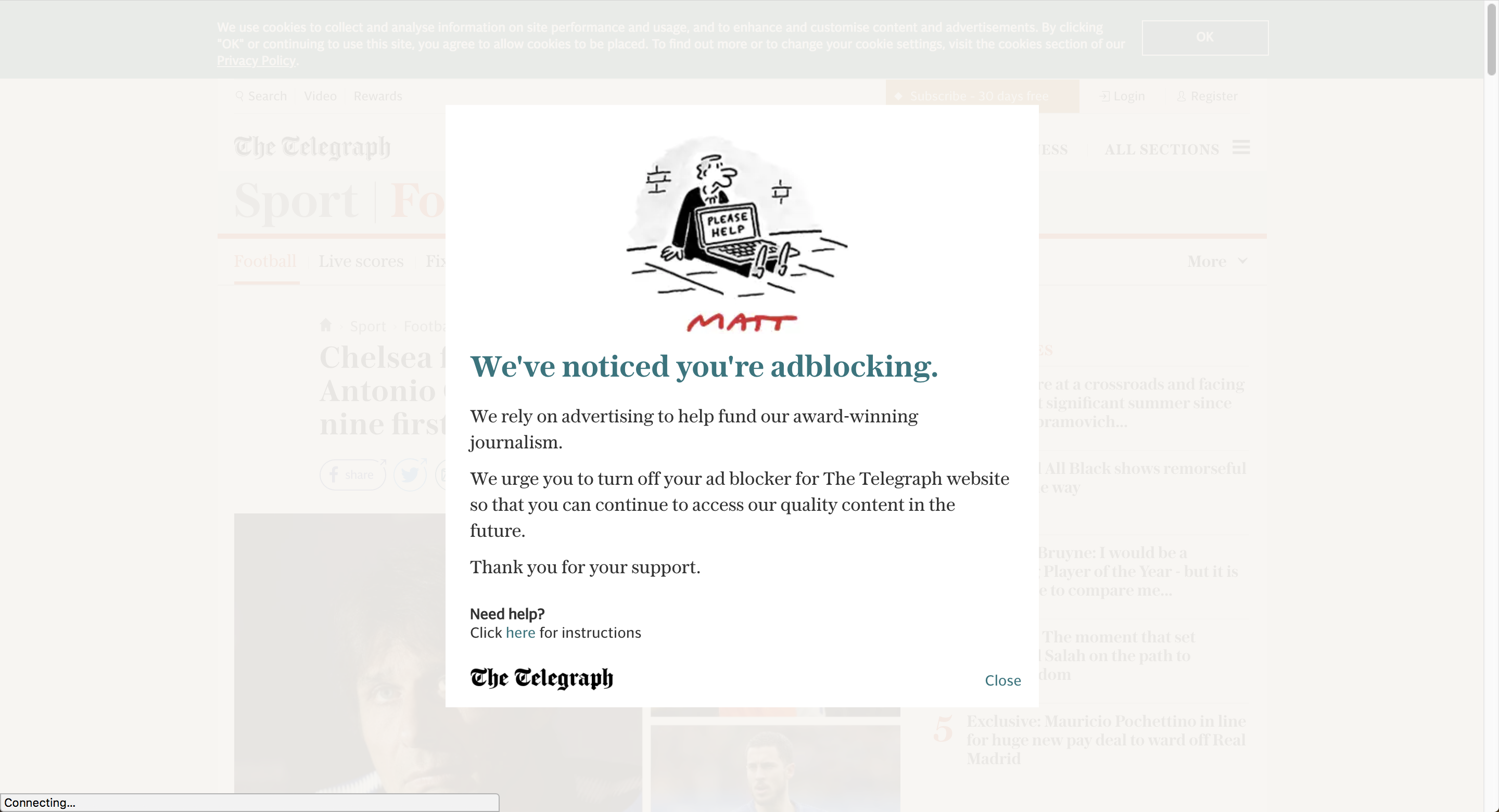 the telegraph adblock modal