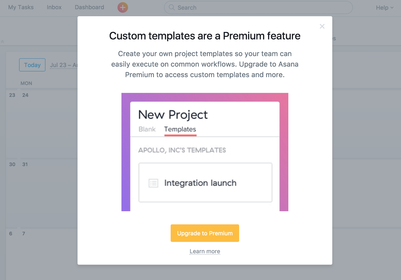 asana upsell modal