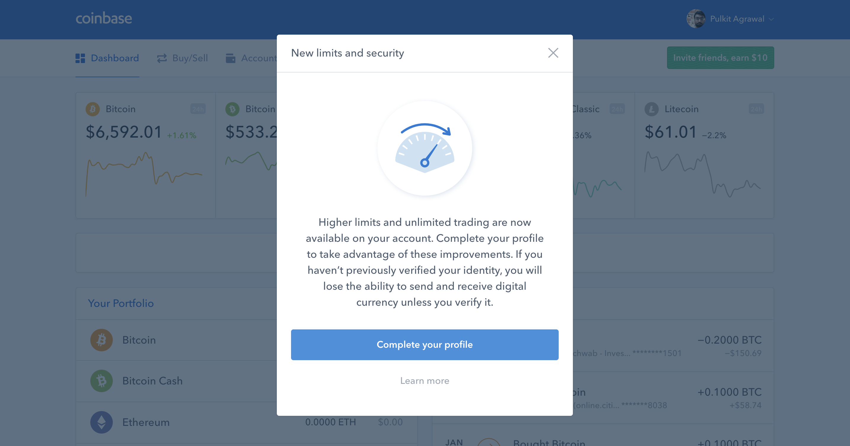 coinbase user setup modal