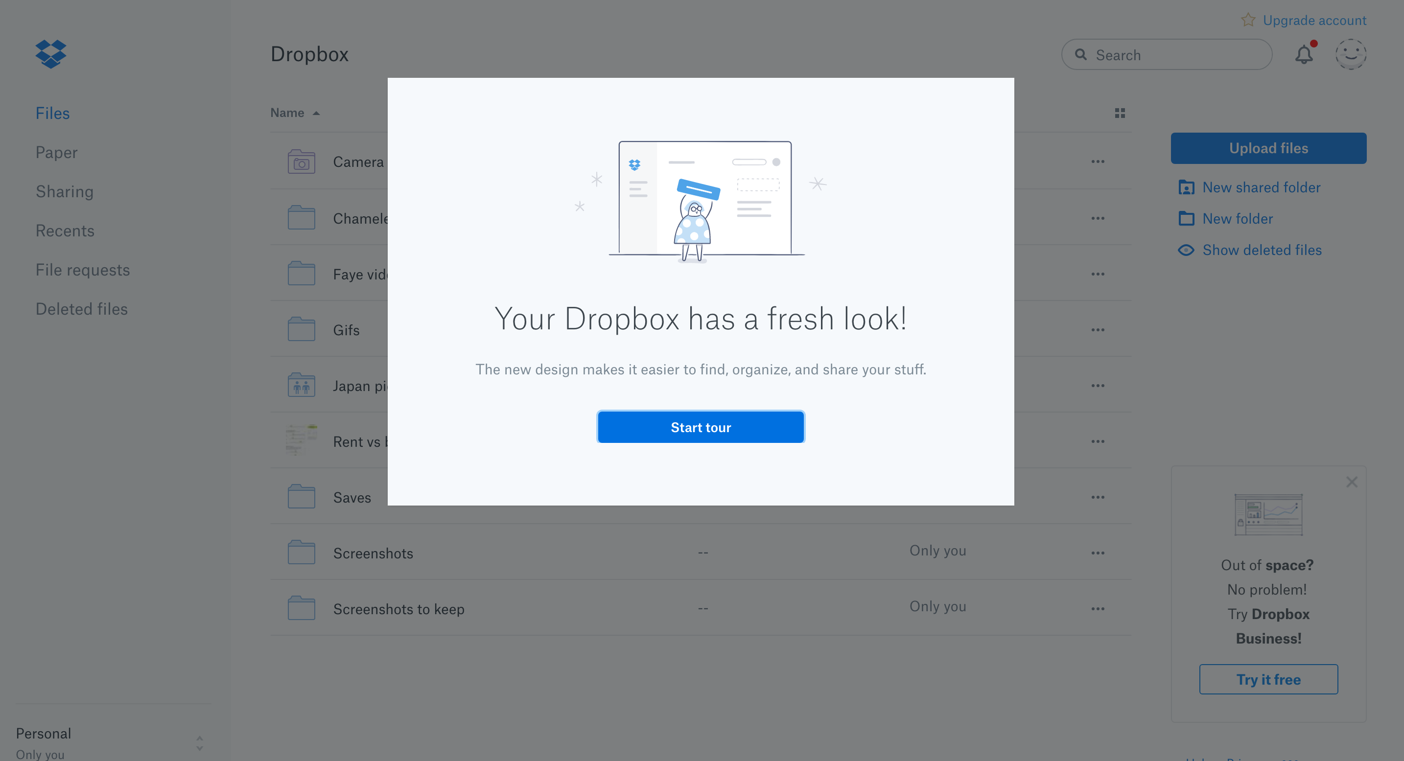 dropbox design change modal