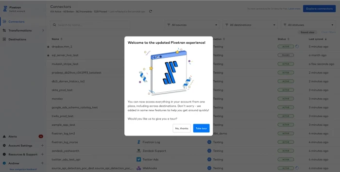 A modal from Fivetran announcing new features with an option for users to take a guided tour or opt-out