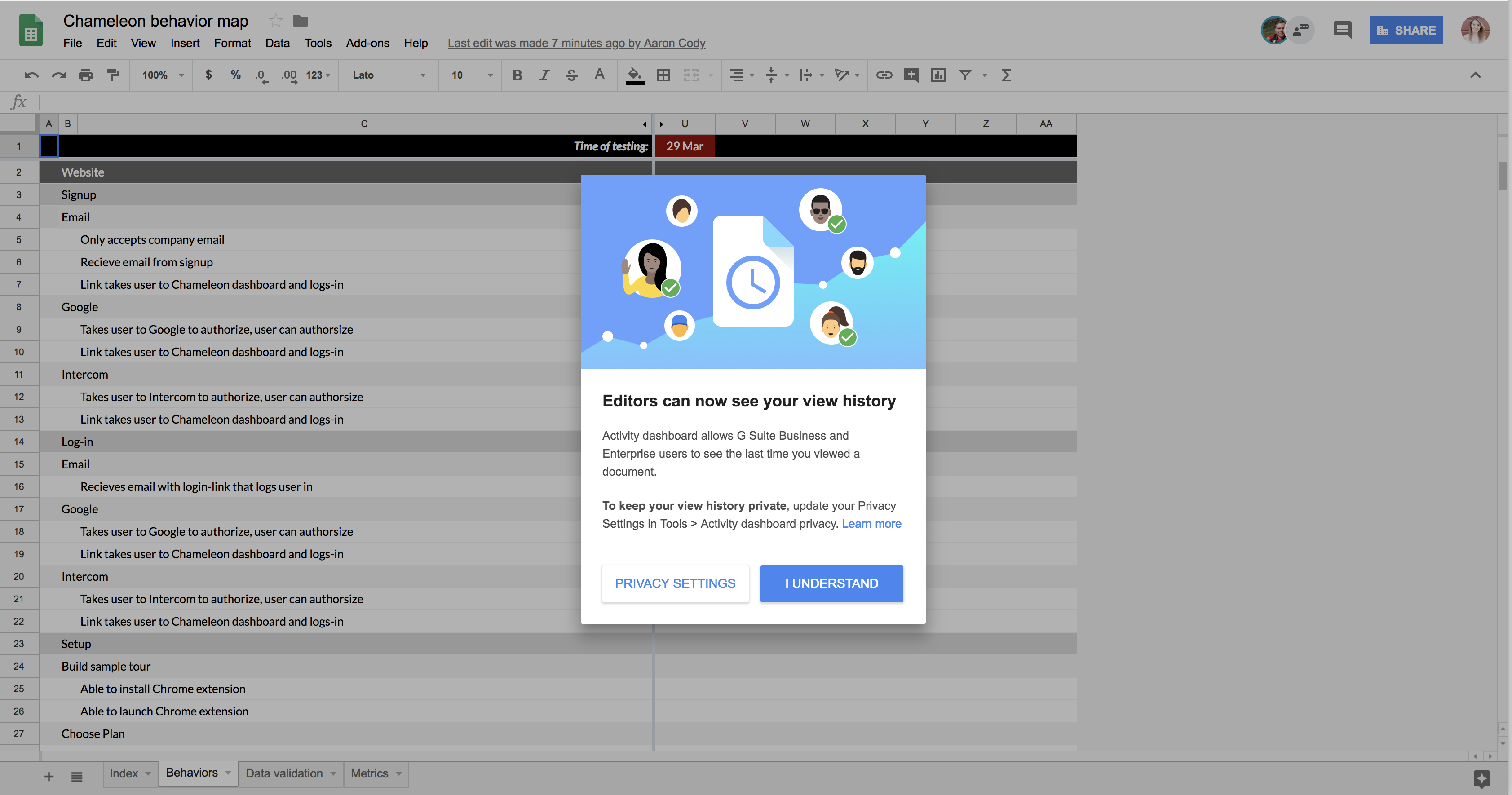 google sheets feature announcement modal