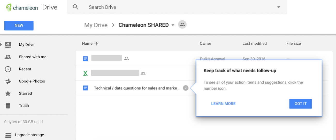 google drive tooltip with button