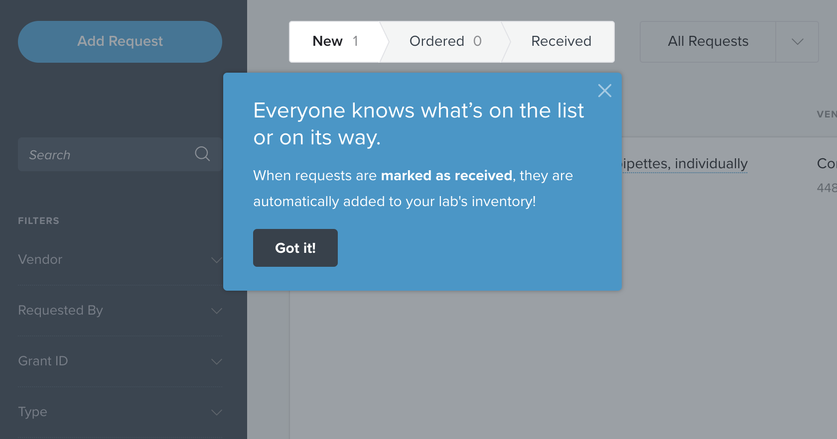 Quartzy user onboarding tooltip