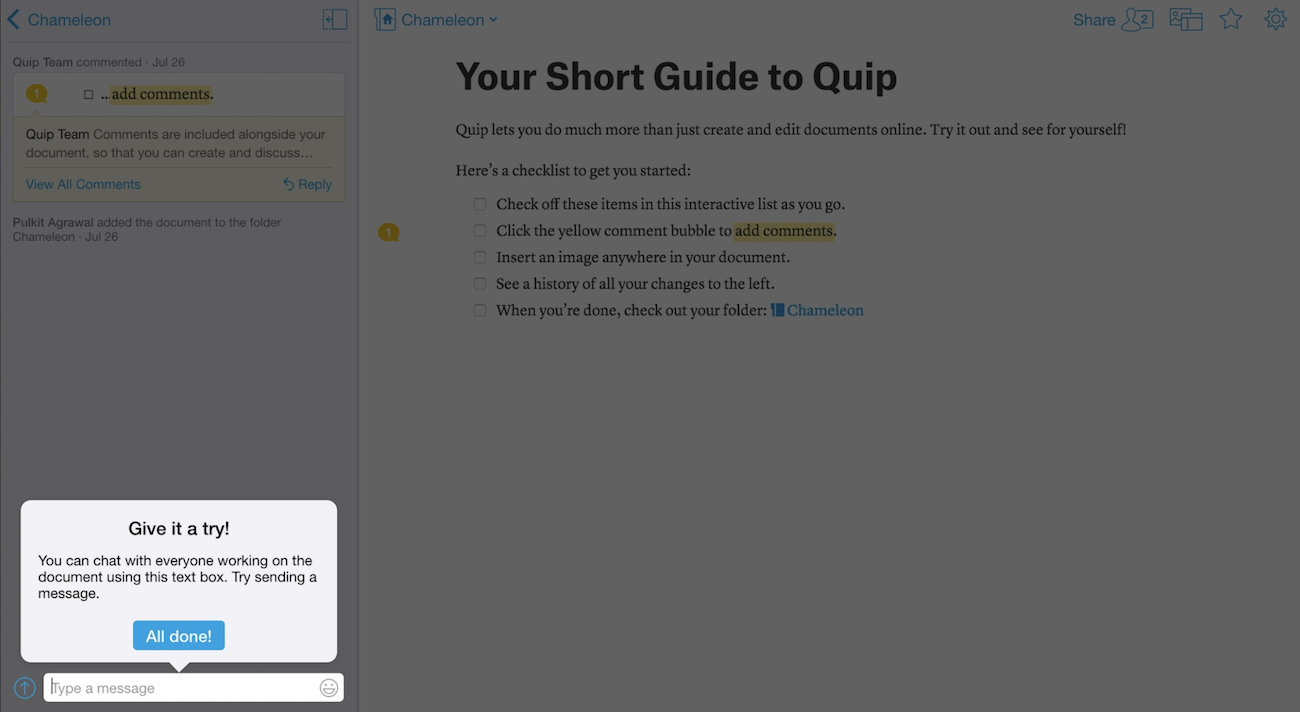 quip user onboarding lightbox