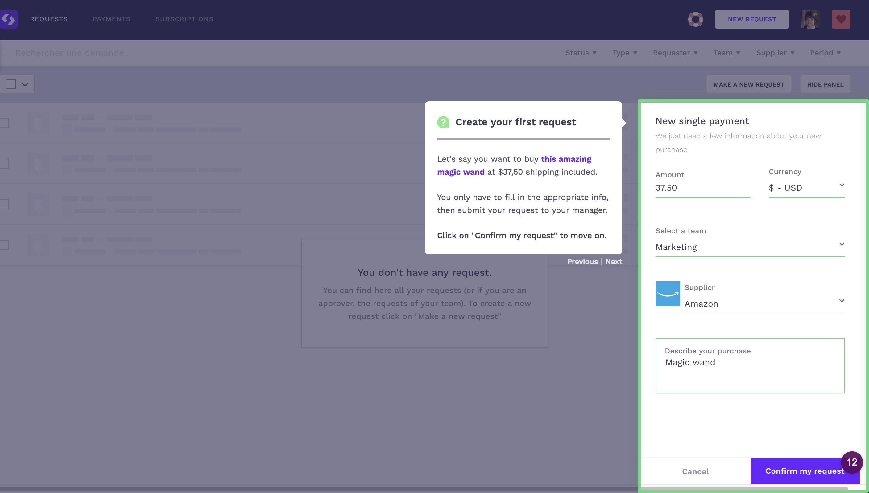 Spendesk user onboarding tooltip with navigation