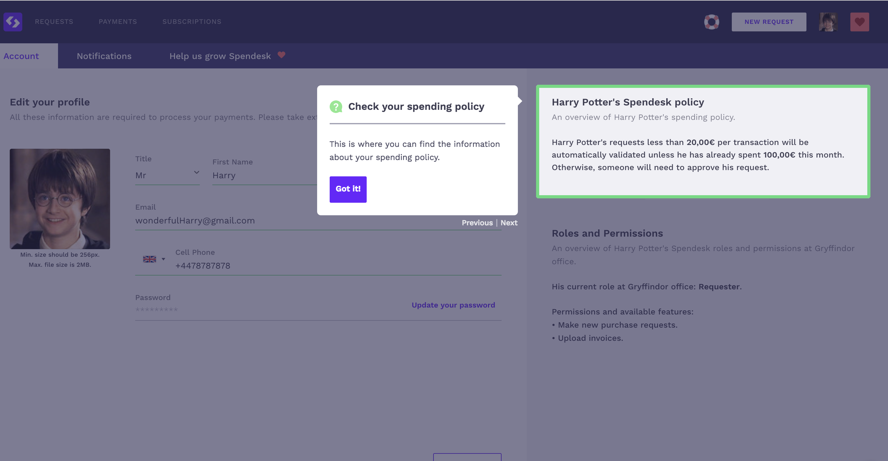 Spendesk user onboarding tooltip with button