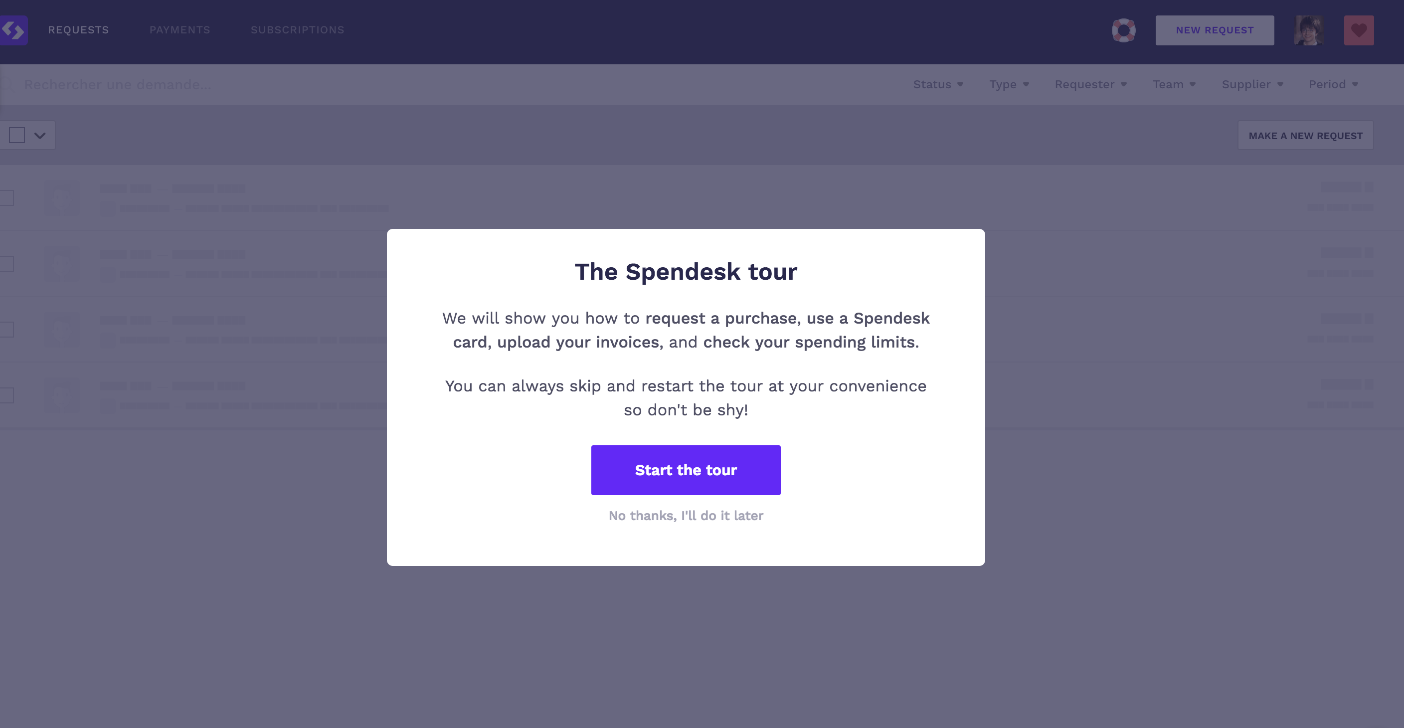 Spendesk user onboarding tour modal